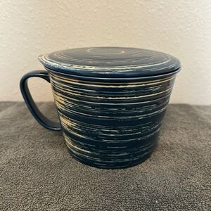 Ceramic Lidded soup bowl with lid Blue and Cream – Modern Striation Design EUC